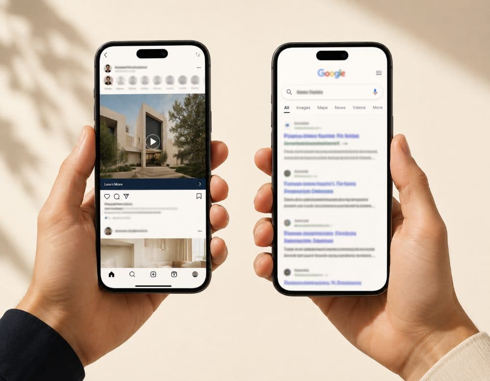 A social feed ad on one phone and a search results page on another