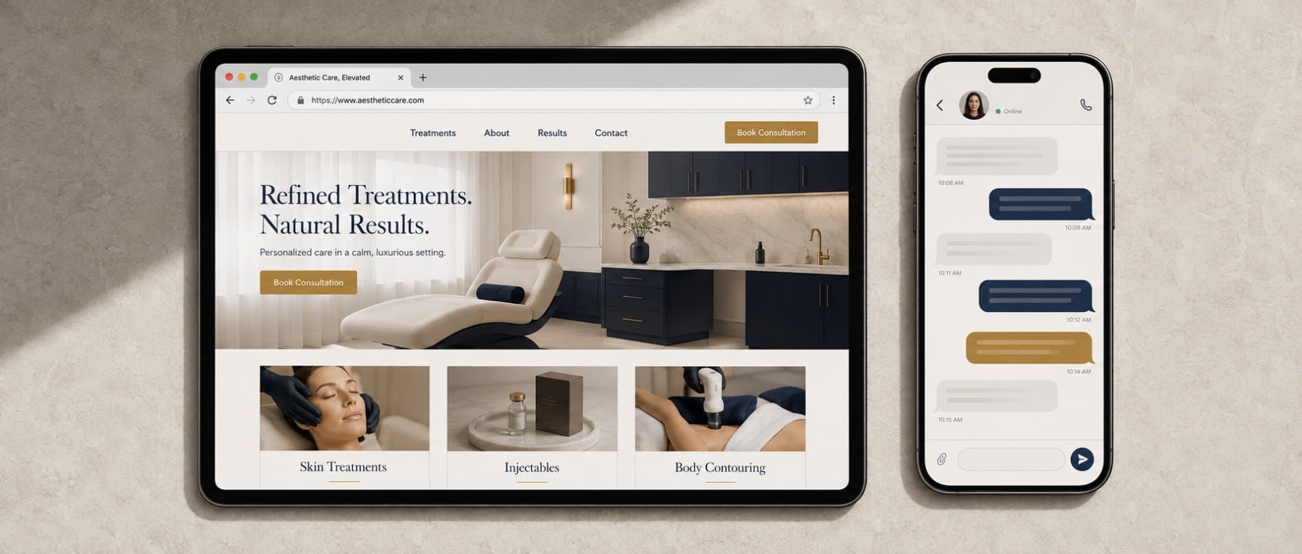 A website landing page beside a live chat conversation on a phone