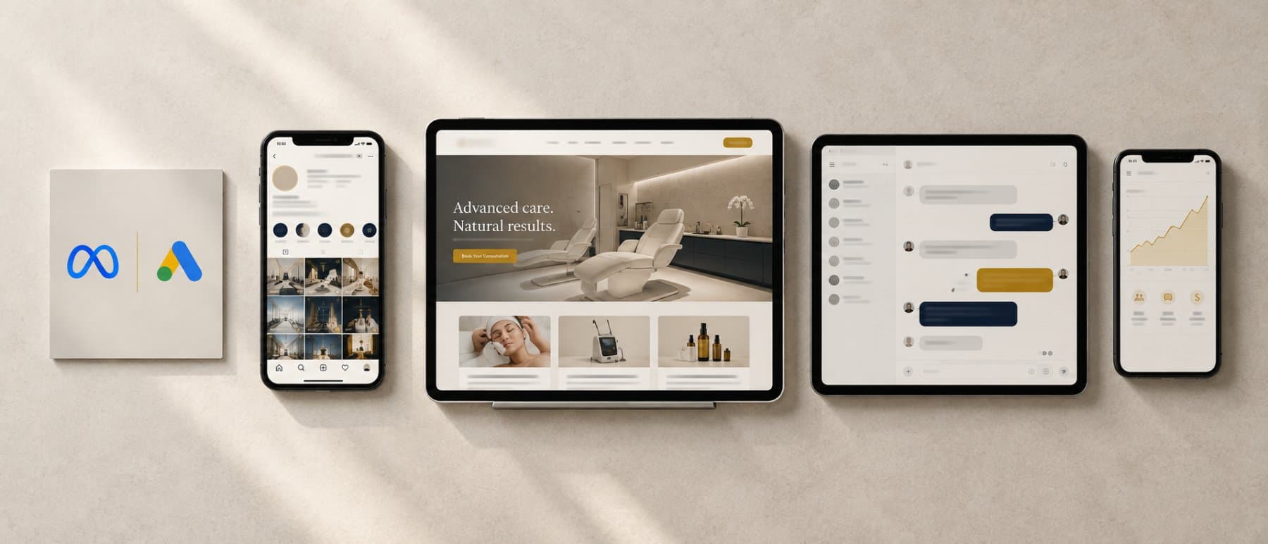 Meta and Google Ads, a curated social profile, a clinic website, a live chat inbox and a performance dashboard laid out as one system